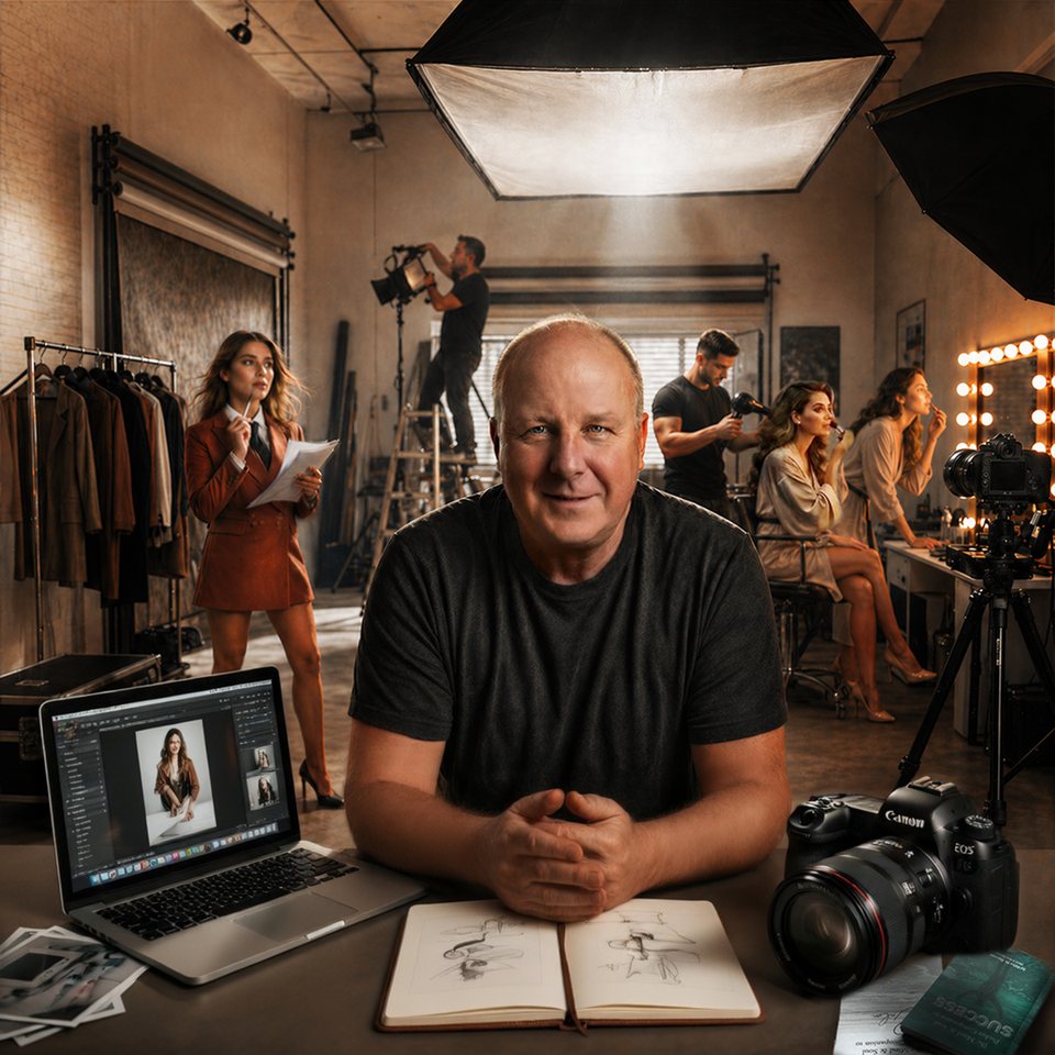 Andy Knapik, founder and creative director of Immortal Concepts Studios, seated at a desk in a busy photo studio with a camera, sketchbook and laptop
