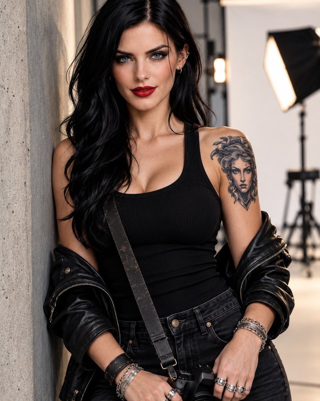 Chloe, an AI photographer with long black hair, a red lip and a Medusa tattoo, holding a camera in a studio