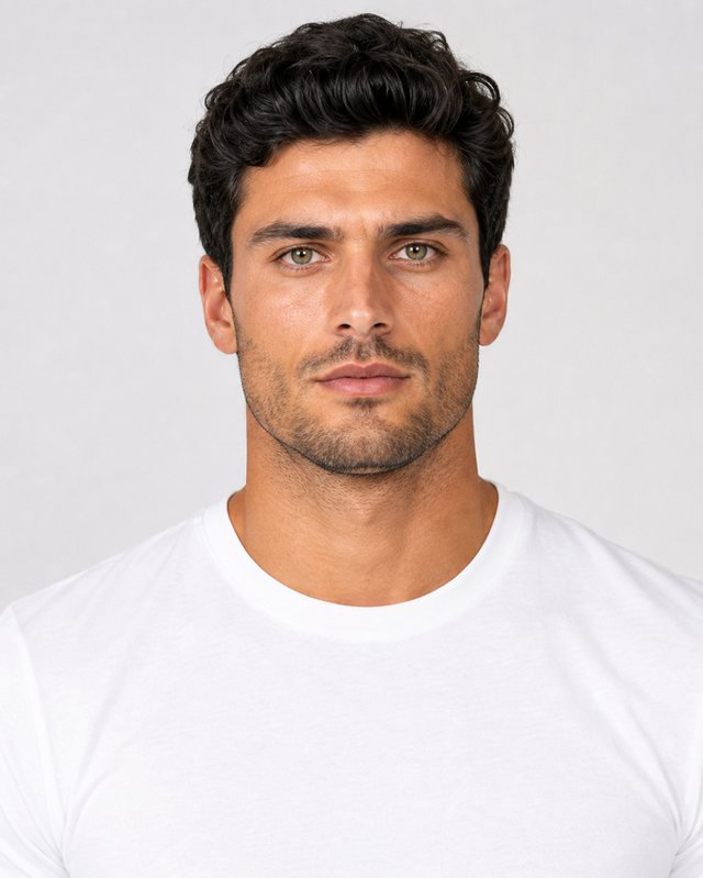 Enzo, a photoreal AI commercial model with dark wavy hair