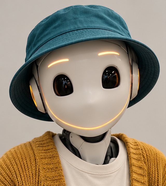 Rory, a friendly ceramic android in a bucket hat