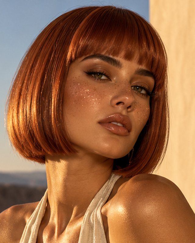 Vela, an AI fashion and beauty muse with a copper bob